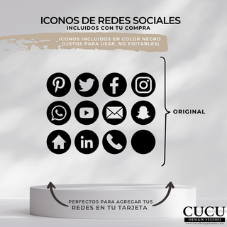 Iconos de redes sociales en color negro incluidos con la compra, mostrando símbolos de Pinterest, Twitter, Facebook, Instagram, WhatsApp, YouTube, correo electrónico, Snapchat, LinkedIn, teléfono y más, presentados sobre un fondo minimalista claro con pedestal y texto explicativo. / Black social media icons included with purchase, featuring symbols for Pinterest, Twitter, Facebook, Instagram, WhatsApp, YouTube, email, Snapchat, LinkedIn, phone, and more, displayed on a clean minimal background with a pedest