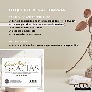 Contenido incluido al comprar plantilla digital de tarjeta de agradecimiento, acceso inmediato, archivo PDF e instrucciones para editar en Canva / What’s included with purchase of digital thank you card template, instant access, PDF file and instructions to edit in Canva