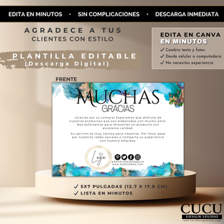 Plantilla digital de tarjeta de agradecimiento para negocios editable en Canva mostrada sobre una plataforma beige elegante. Diseño moderno tamaño 5x7 pulgadas con texto “Muchas Gracias”, ideal para empaques, pedidos y branding de pequeños negocios. / Digital business thank you card template editable in Canva displayed on an elegant beige platform. Modern 5x7 inch design featuring “Muchas Gracias” text, perfect for packaging, customer orders, and small business branding.