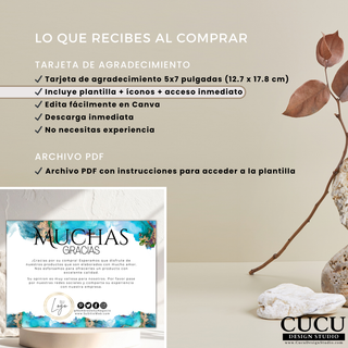Imagen informativa mostrando lo que incluye la compra de una tarjeta de agradecimiento editable en Canva. Incluye plantilla 5x7 pulgadas, iconos de redes sociales, acceso inmediato y archivo PDF con instrucciones para pequeños negocios y emprendedores. / Informational image showing what is included with the editable Canva thank you card purchase. Includes a 5x7 inch template, social media icons, instant access, and a PDF instruction file for small businesses and entrepreneurs.