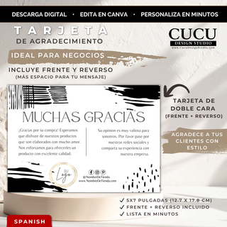 Plantilla editable de tarjeta de agradecimiento para pequeños negocios en Canva tamaño 5x7 pulgadas. Diseño elegante en tonos negro, blanco y dorado con estilo moderno y minimalista. La imagen muestra una tarjeta de doble cara con espacio para logo, mensaje personalizado y redes sociales. Ideal para emprendedores, tiendas online y negocios que desean agradecer a sus clientes con una presentación profesional. Descarga digital instantánea y fácil de editar en Canva desde celular, computadora o tablet. /