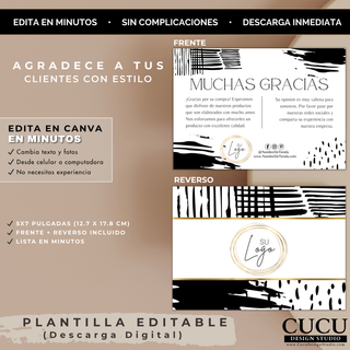Vista previa de plantilla editable de tarjeta de agradecimiento doble cara para negocios pequeños. Diseño elegante y minimalista en Canva con frente y reverso incluidos. Tarjeta tamaño 5x7 pulgadas con detalles modernos en negro y dorado, ideal para agradecer a clientes de manera profesional. Descarga digital instantánea y fácil personalización. / Preview of an editable double-sided thank you card template for small businesses. Elegant minimalist Canva design including both front and back layouts. 5x7 inch 