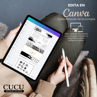 Persona utilizando una tablet para editar una plantilla de tarjeta de agradecimiento en Canva. La pantalla muestra el diseño editable de doble cara junto con iconos de redes sociales incluidos. Plantilla digital moderna para pequeños negocios con acceso inmediato después de la compra y fácil edición desde cualquier dispositivo.