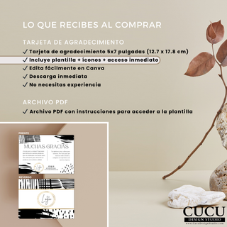 Imagen informativa mostrando lo que incluye la compra de una plantilla editable de tarjeta de agradecimiento para negocios pequeños. Incluye tarjeta 5x7 pulgadas, diseño doble cara, iconos de redes sociales y archivo PDF con instrucciones. Plantilla digital elegante editable en Canva con descarga inmediata.