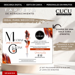 Tarjeta de agradecimiento boho editable en Canva para pequeños negocios con diseño elegante en tonos terracota, negro y beige. La plantilla digital tamaño 5x7 pulgadas incluye espacio para logo, redes sociales, código de descuento y detalles decorativos de plumas modernas. / Boho editable Canva thank you card for small businesses featuring an elegant terracotta, black, and beige design. The 5x7 inch digital template includes space for a logo, social media handles, discount code, and modern feather..