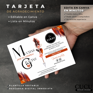 Mano sosteniendo una tarjeta de agradecimiento boho editable en Canva con diseño sofisticado y moderno. La tarjeta personalizada incluye texto de agradecimiento, logo empresarial, redes sociales y detalles decorativos en colores cálidos ideales para boutiques y emprendedores. / Hand holding a boho editable Canva thank you card with a sophisticated modern design. The customizable card includes thank you text, business logo, social media information, and warm decorative details perfect for boutiques and...