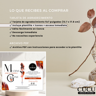 Imagen informativa mostrando lo que incluye la compra de una tarjeta de agradecimiento editable en Canva. Incluye plantilla 5x7 pulgadas, iconos de redes sociales, acceso inmediato y archivo PDF con instrucciones para emprendedores y pequeños negocios. / Informational image showing what is included with the editable Canva thank you card purchase. Includes a 5x7 inch template, social media icons, instant access, and a PDF instruction file for entrepreneurs and small businesses.