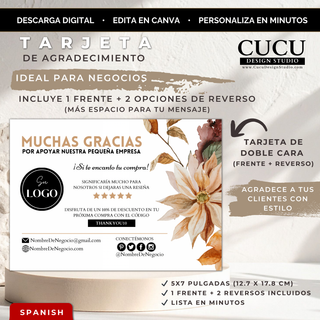 Tarjeta de agradecimiento editable en Canva con diseño floral elegante en tonos beige y marrón, tamaño 5x7 pulgadas, ideal para negocios pequeños / Editable thank you card Canva template with elegant floral design in beige and brown tones, 5x7 inches, perfect for small business