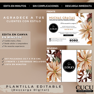 Vista de frente y reverso de tarjeta de agradecimiento 5x7 editable en Canva con diseño floral elegante / Front and back view of 5x7 thank you card editable in Canva with elegant floral design