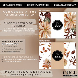 Opciones de reverso de tarjeta de agradecimiento con diseños florales personalizables para negocio / Back side options of thank you card with customizable floral designs for business