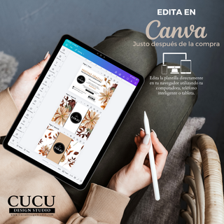 Plantilla de tarjeta de agradecimiento editable en Canva mostrada en tablet, fácil de usar desde cualquier dispositivo / Editable thank you card Canva template shown on tablet, easy to use on any device