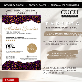 Tarjeta de agradecimiento para negocio con diseño de leopardo morado editable en Canva, tamaño 5x7 pulgadas, doble cara / Purple leopard print thank you card template for small business, editable in Canva, 5x7 inches, double-sided design
