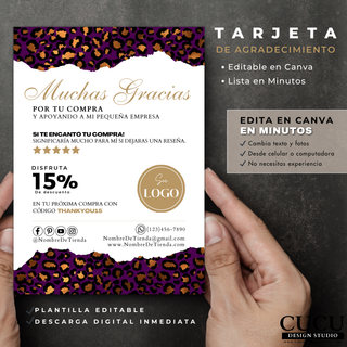 Tarjeta de agradecimiento elegante sostenida en mano con diseño leopardo morado, incluye descuento y espacio para logo / Elegant thank you card held in hand with purple leopard design, includes discount offer and logo placeholder