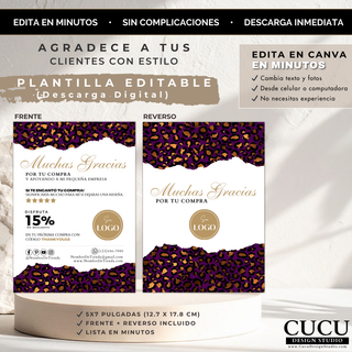 Vista de frente y reverso de tarjeta de agradecimiento editable con diseño leopardo morado para negocios / Front and back view of editable thank you card with purple leopard print for small business