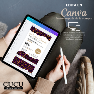 Plantilla de tarjeta de agradecimiento editable en Canva mostrada en tablet, fácil de editar desde cualquier dispositivo / Editable thank you card template shown on tablet in Canva, easy to edit from any device