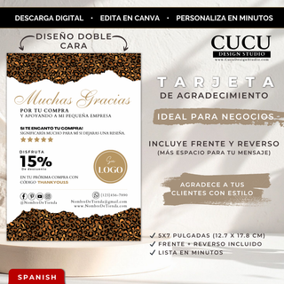 Plantilla de tarjeta de agradecimiento con diseño de leopardo editable en Canva, tamaño 5x7 pulgadas, ideal para negocios pequeños, incluye frente y reverso personalizable con logo, descuento y redes sociales / Leopard print thank you card template editable in Canva, 5x7 inches, perfect for small businesses, includes front and back design with logo, discount offer and social media icons