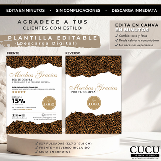 Vista de plantilla de tarjeta de agradecimiento doble cara con estampado de leopardo, diseño frontal y reverso incluidos, tamaño 5x7 pulgadas editable en Canva para negocios pequeños / Double sided thank you card template with leopard print design, front and back layout included, 5x7 inches editable in Canva for small businesses