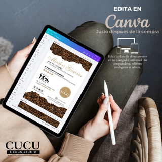 Plantilla de tarjeta de agradecimiento editándose en Canva desde tablet, diseño de leopardo moderno, fácil de personalizar desde celular, computadora o tablet / Thank you card template being edited in Canva on tablet, modern leopard design, easy to customize from phone, computer or tablet