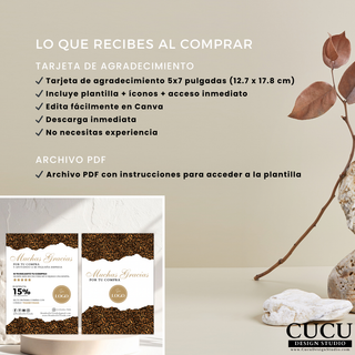 Información del producto de tarjeta de agradecimiento digital tamaño 5x7 pulgadas, incluye plantilla editable, íconos y acceso inmediato con descarga en Canva / Product details of digital thank you card 5x7 inches, includes editable template, icons and instant download access in Canva