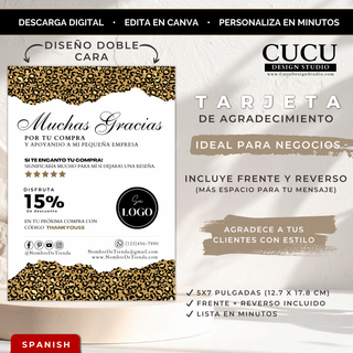 Tarjeta de agradecimiento para negocio con diseño elegante de leopardo en tonos beige, negro y marrón. Plantilla editable en Canva tamaño 5x7 pulgadas con diseño doble cara (frente y reverso). Incluye mensaje de agradecimiento, espacio para logo, redes sociales y código de descuento. Ideal para pequeños negocios, tiendas online y emprendedores que buscan una presentación profesional. / Small business thank you card template featuring an elegant leopard print design in beige, black, and brown tones. Editable