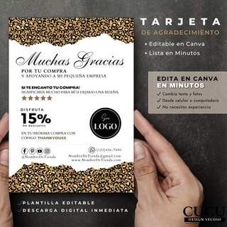 Plantilla de tarjeta de agradecimiento editable en Canva mostrada en una tablet sostenida en la mano. Diseño moderno con estampado de leopardo en tonos neutros. Se destaca la facilidad de edición desde celular, computadora o tablet sin necesidad de experiencia en diseño. / Editable Canva thank you card template displayed on a tablet held in hand. Modern leopard print design in neutral tones. Highlights easy customization from phone, computer, or tablet with no design experience required.