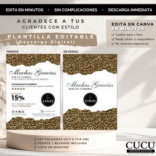 Vista completa del diseño doble cara de la tarjeta de agradecimiento, mostrando frente y reverso con patrón de leopardo. Plantilla editable ideal para branding de pequeños negocios con estilo moderno y elegante. / Full double-sided view of the thank you card template showing both front and back with leopard print pattern. Editable design ideal for small business branding with a modern and elegant style.