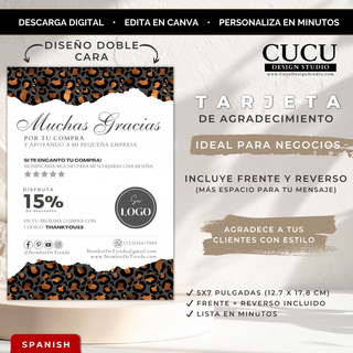 Tarjeta de agradecimiento para negocio con diseño animal print en tonos marrón, negro y beige, plantilla editable en Canva tamaño 5x7 pulgadas, incluye frente y reverso con espacio para logo, redes sociales y código de descuento, ideal para branding profesional / Small business thank you card with animal print design in brown, black and beige tones, editable Canva template size 5x7 inches, includes front and back with space for logo, social media and discount code, ideal for professional branding
