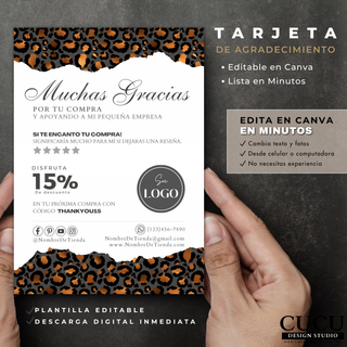 Diseño frontal y reverso de tarjeta de agradecimiento con estampado animal print elegante, plantilla digital editable en Canva lista para descargar, perfecta para pequeños negocios que buscan una presentación moderna / Front and back design of elegant animal print thank you card, editable Canva digital template ready to download, perfect for small businesses looking for a modern presentation
