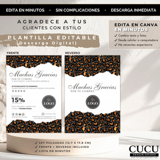 Tarjeta de agradecimiento estilo animal print con colores neutros marrón, negro y blanco, diseño sofisticado editable en Canva con doble cara y personalización completa para negocios / Animal print thank you card with neutral brown, black and white colors, sophisticated design editable in Canva with double-sided layout and full customization for businesses