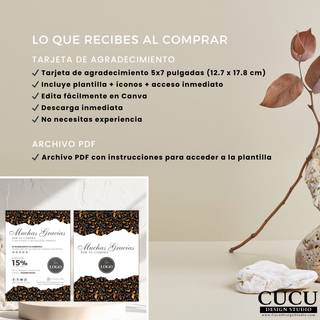 Información de lo que recibes al comprar la plantilla de tarjeta de agradecimiento 5x7 pulgadas, incluyendo acceso inmediato, archivo PDF con instrucciones, iconos incluidos y edición fácil en Canva, con diseño elegante en fondo beige / Information about what you receive when purchasing the 5x7 thank you card template, including instant access, PDF instructions, included icons, and easy editing in Canva, presented in an elegant beige design
