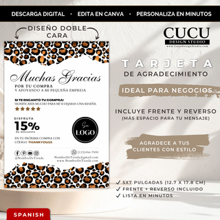 Tarjeta de agradecimiento para negocio con diseño animal print, plantilla editable en Canva tamaño 5x7 pulgadas, incluye frente y reverso con espacio para logo, redes sociales y código de descuento / Small business thank you card with animal print design, editable Canva template size 5x7 inches, includes front and back with space for logo, social media and discount code