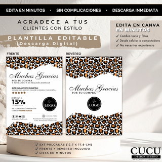 Vista frontal y reverso de tarjeta de agradecimiento estilo animal print, plantilla digital editable en Canva tamaño 5x7 pulgadas, perfecta para branding de negocios / Front and back view of animal print thank you card, editable Canva digital template size 5x7 inches, perfect for business branding