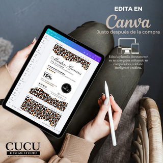 Edición de plantilla en Canva desde tablet, personalización fácil de tarjeta de agradecimiento con diseño animal print, compatible con celular, computadora y tablet / Editing Canva template on tablet, easy customization of animal print thank you card, compatible with phone, computer and tablet