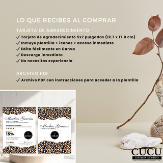 Contenido incluido en la compra de plantilla digital, tarjeta de agradecimiento 5x7 pulgadas editable en Canva con descarga inmediata y archivo PDF con instrucciones / What’s included with purchase of digital template, 5x7 thank you card editable in Canva with instant download and PDF instructions