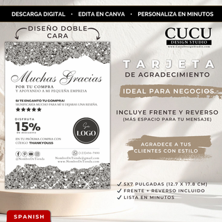 Tarjeta de agradecimiento elegante para negocio en diseño plateado con efecto glitter, plantilla editable en Canva tamaño 5x7 pulgadas. Vista principal mostrando el frente de la tarjeta con mensaje “Muchas Gracias”, espacio para logo, redes sociales, contacto y código de descuento, ideal para pequeños negocios. / Elegant silver glitter thank you card for small business, editable Canva template in 5x7 size. Main display showing the front design with “Muchas Gracias” message, space for logo, social media icon