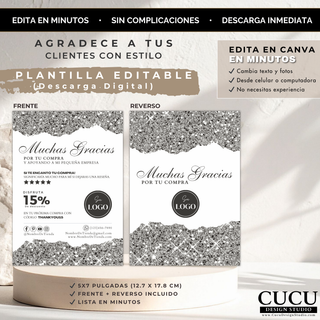 Vista completa de tarjeta de agradecimiento doble cara en color plateado, mostrando diseño frontal y reverso. Plantilla editable en Canva con estilo elegante, ideal para personalizar con información de negocio y branding profesional. / Full view of double-sided silver thank you card showing front and back design. Editable Canva template with elegant style, perfect for customizing business details and branding.