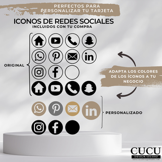 Conjunto de íconos de redes sociales incluidos en la plantilla de tarjeta de agradecimiento, con opciones personalizables en colores plateado, negro y neutros para adaptar al estilo de tu negocio. / Set of social media icons included with the thank you card template, featuring customizable colors in silver, black, and neutral tones to match your business branding.