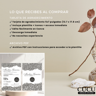 Información del producto mostrando lo que incluye la compra de la tarjeta de agradecimiento: plantilla editable 5x7, descarga digital inmediata, acceso en Canva y archivo PDF con instrucciones. / Product information image showing what is included: editable 5x7 thank you card template, instant digital download, Canva access, and PDF instructions file.
