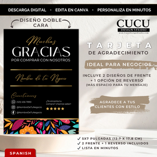 Tarjeta de agradecimiento editable para negocio en Canva tamaño 5x7 con diseño elegante negro y floral / Editable small business thank you card Canva template 5x7 with elegant black floral design
