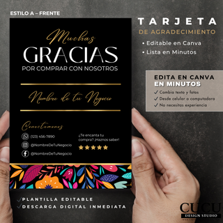 Diseño frontal A de tarjeta de agradecimiento para pequeños negocios editable en Canva / Front design A editable thank you card template for small businesses in Canva