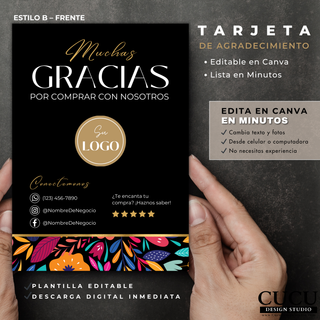 Diseño frontal B con espacio para logo editable en Canva para tarjeta de agradecimiento / Front design B with editable logo space in Canva thank you card template