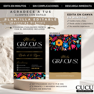 Plantilla de tarjeta de agradecimiento doble cara con reverso floral editable en Canva / Double sided thank you card template with editable floral back design in Canva