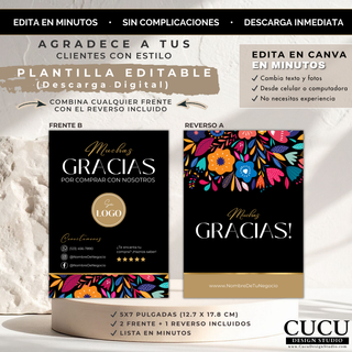 Tarjeta de agradecimiento para negocio con diseño frontal B y reverso floral editable / Small business thank you card with front B design and editable floral back