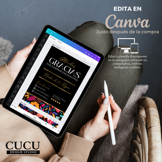 Plantilla editable de tarjeta de agradecimiento abierta en Canva desde tablet / Editable thank you card template opened in Canva on tablet device