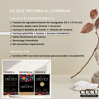 Información de lo que incluye la plantilla digital de tarjeta de agradecimiento Canva / Information about what is included in the Canva thank you card template