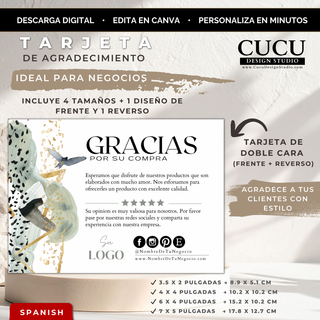 Plantilla de tarjeta de agradecimiento editable en Canva para pequeños negocios con diseño elegante beige y dorado, incluye tamaños y frente/reverso. / Editable Canva thank you card template for small businesses with elegant beige and gold design, includes sizes and front/back layout.