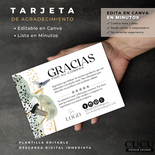Tarjeta de agradecimiento para negocio mostrada en mano, diseño moderno editable en Canva con detalles abstractos y redes sociales personalizables. / Small business thank you card displayed in hand, modern editable Canva design with abstract details and customizable social media icons.