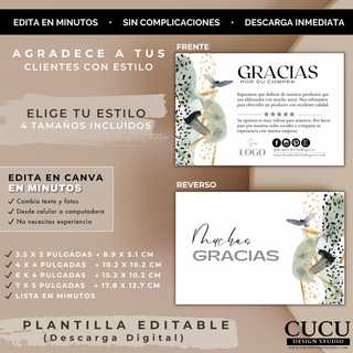 Vista frontal y reverso de plantilla de agradecimiento para clientes editable en Canva con estilo minimalista y tonos neutros. / Front and back view of editable customer thank you card Canva template with minimalist neutral style.