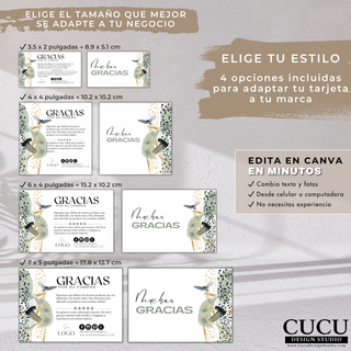Comparación de tamaños incluidos para plantilla de tarjeta de agradecimiento Canva, ideal para pequeños negocios y empaques personalizados. / Size comparison for Canva thank you card template, perfect for small businesses and custom packaging.