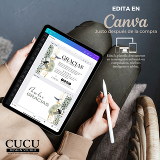Plantilla de tarjeta editable en Canva mostrada en tablet, fácil de personalizar desde celular, computadora o tableta. / Editable Canva thank you card template displayed on tablet, easy to customize from phone, computer, or tablet.